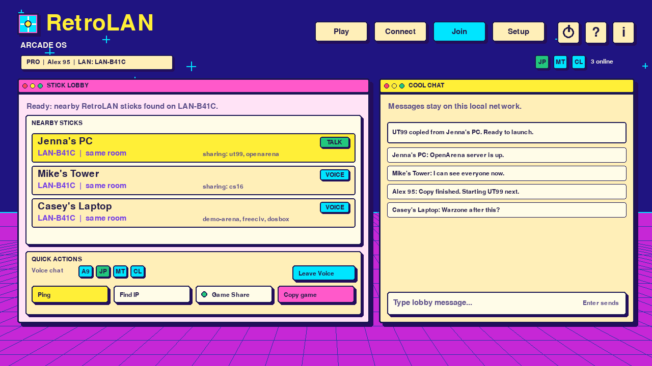 RetroLAN stick lobby showing three nearby sticks, local chat, shared game folders, voice badges, and a copied UT99 folder.