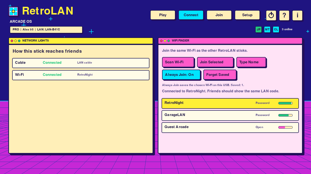 RetroLAN network screen showing Ethernet, Wi-Fi, saved network, scan controls, and signal strength.