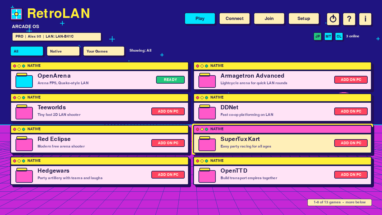 RetroLAN Play screen with ready games including RetroLAN Demo Arena, OpenArena, Armagetron Advanced, Teeworlds, BZFlag, Hedgewars, OpenTTD, and Seven Kingdoms.
