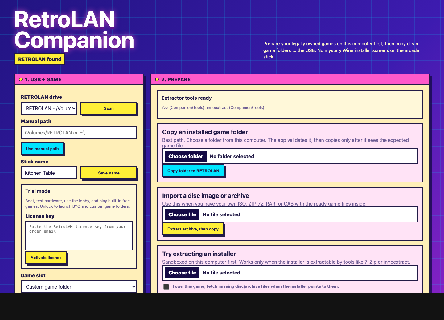 RetroLAN Companion showing custom game folder mode and installer/archive options.