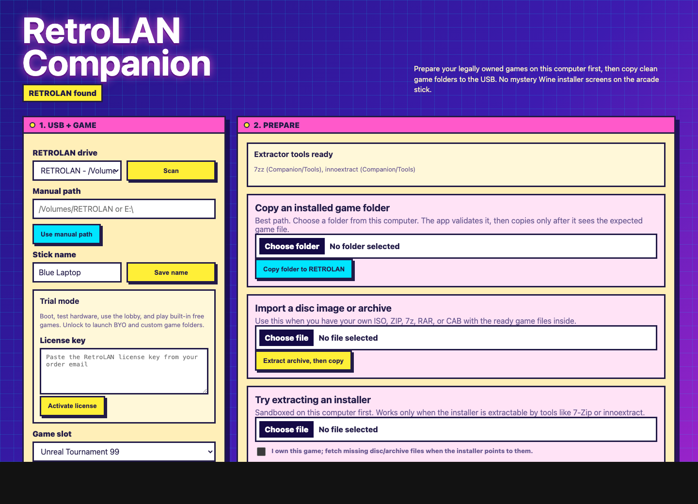 RetroLAN Companion showing the RETROLAN drive, license status, game choice, and copy tools.
